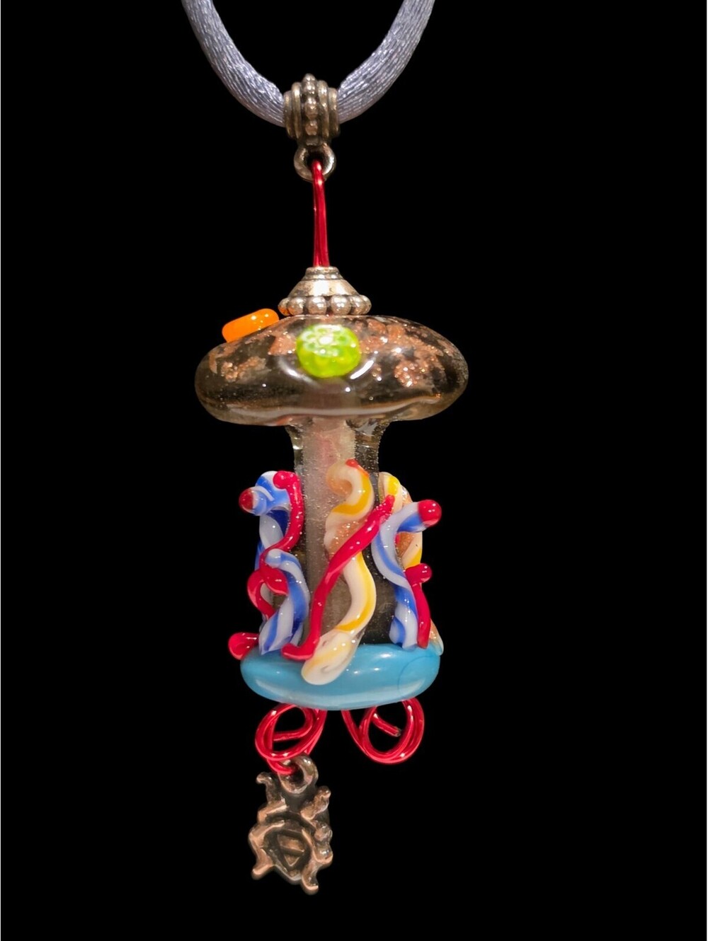 Artisan Lampwork Glass Jellyfish Mushroom Pendant Necklace 30mm Goldstone